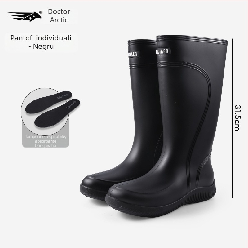 Ghete de ploaie pentru femei, partea superioară din PVC, gambă înaltă, toc mic 1–3 cm, patru sezoane, închidere cu mansetă