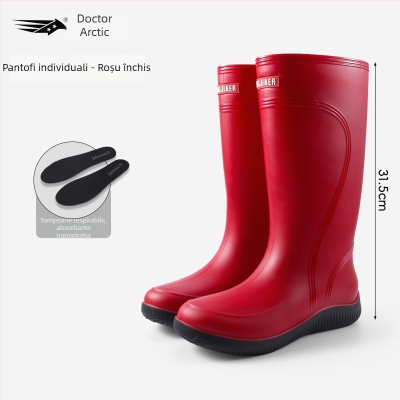 Ghete de ploaie pentru femei, partea superioară din PVC, gambă înaltă, toc mic 1–3 cm, patru sezoane, închidere cu mansetă