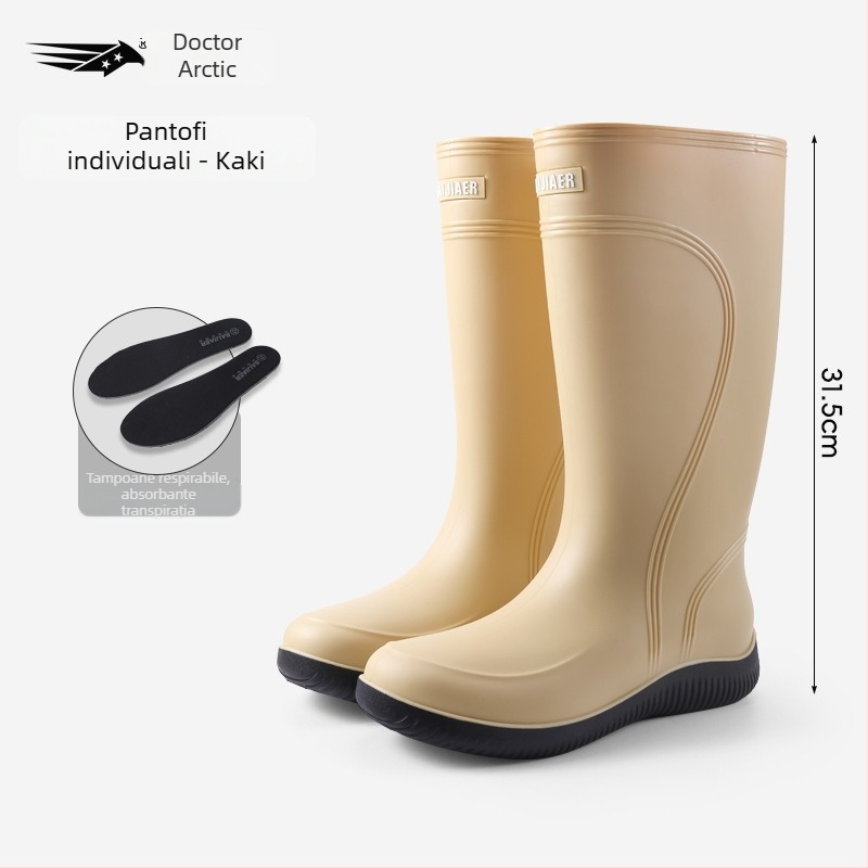 Ghete de ploaie pentru femei, partea superioară din PVC, gambă înaltă, toc mic 1–3 cm, patru sezoane, închidere cu mansetă