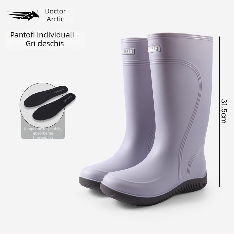 Ghete de ploaie pentru femei, partea superioară din PVC, gambă înaltă, toc mic 1–3 cm, patru sezoane, închidere cu mansetă