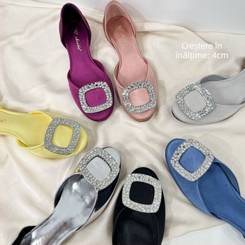 Sandale cu platformă pentru femei de înălțime mică, design gol cu cataramă pătrată și cristale, stil franțuzesc, pantofi cu talpă plată și vârf pătrat