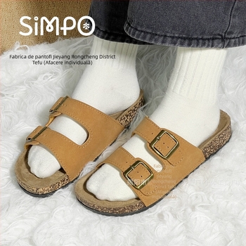 Birkenstock papuci de femei din plută, antiderapant, talpă PVC, pentru plajă și casă — partea superioară din piele sintetică
