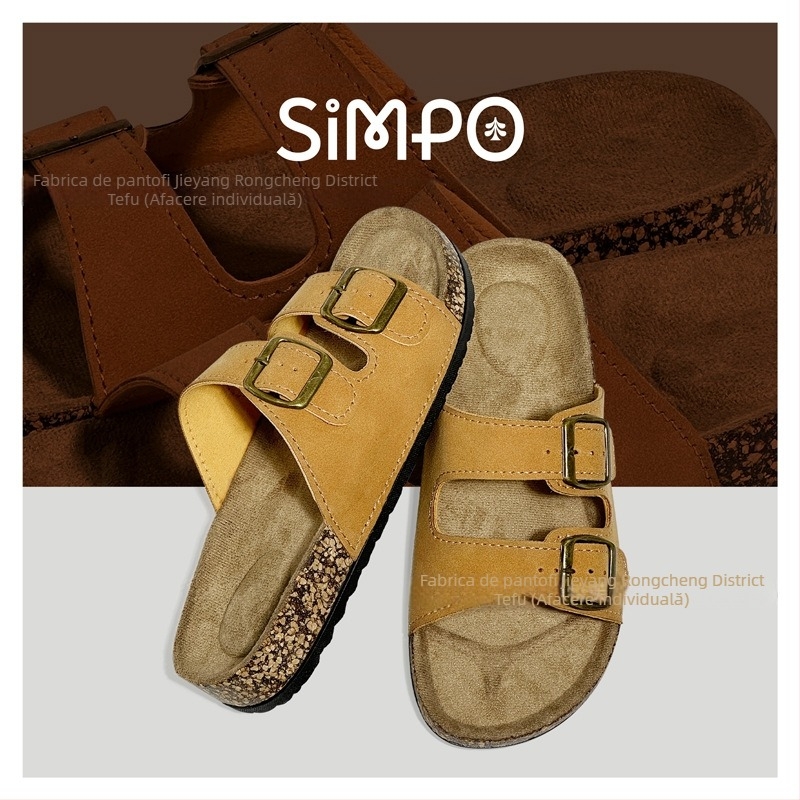 Birkenstock papuci de femei din plută, antiderapant, talpă PVC, pentru plajă și casă — partea superioară din piele sintetică