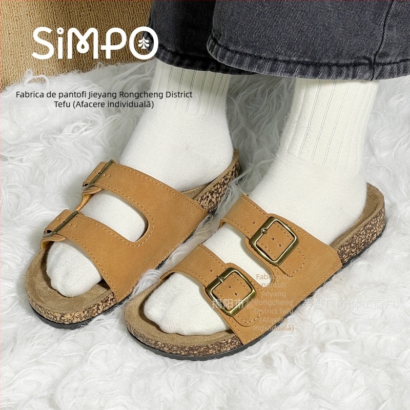 Birkenstock papuci de femei din plută, antiderapant, talpă PVC, pentru plajă și casă — partea superioară din piele sintetică
