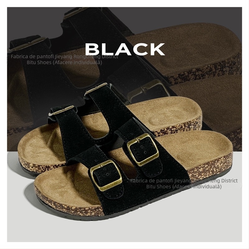 Birkenstock papuci de femei din plută, antiderapant, talpă PVC, pentru plajă și casă — partea superioară din piele sintetică