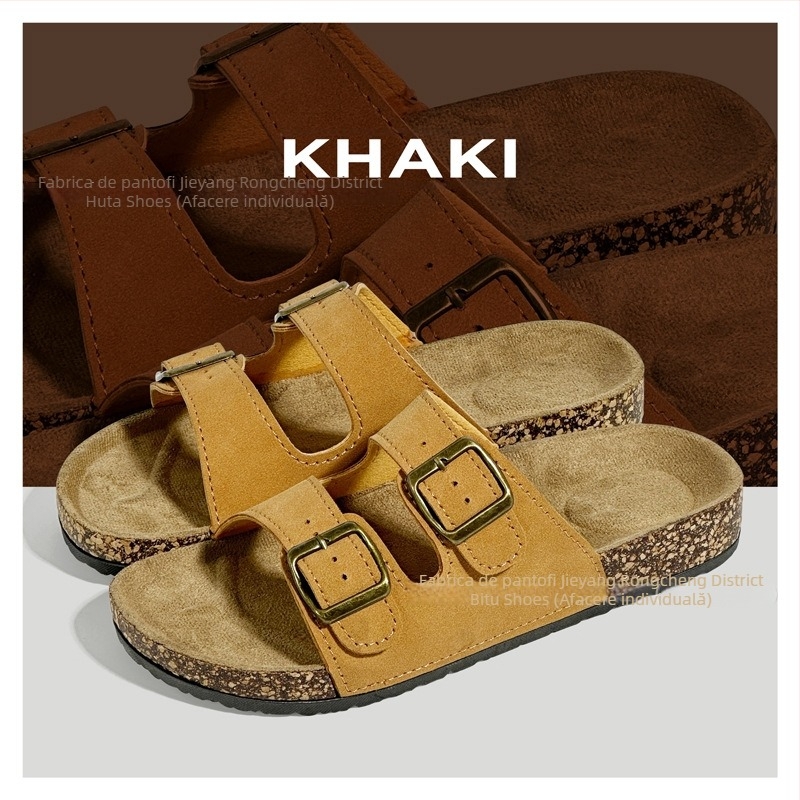 Birkenstock papuci de femei din plută, antiderapant, talpă PVC, pentru plajă și casă — partea superioară din piele sintetică
