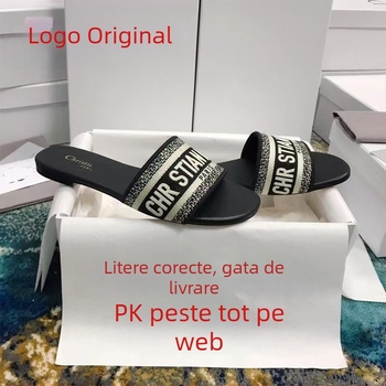 Sandale plate pentru femei, cu upper din piele de oaie, talpă din cauciuc și broderie cu litere, casual pentru vară la plajă
