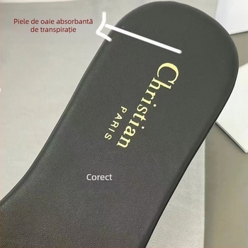 Sandale plate pentru femei, cu upper din piele de oaie, talpă din cauciuc și broderie cu litere, casual pentru vară la plajă