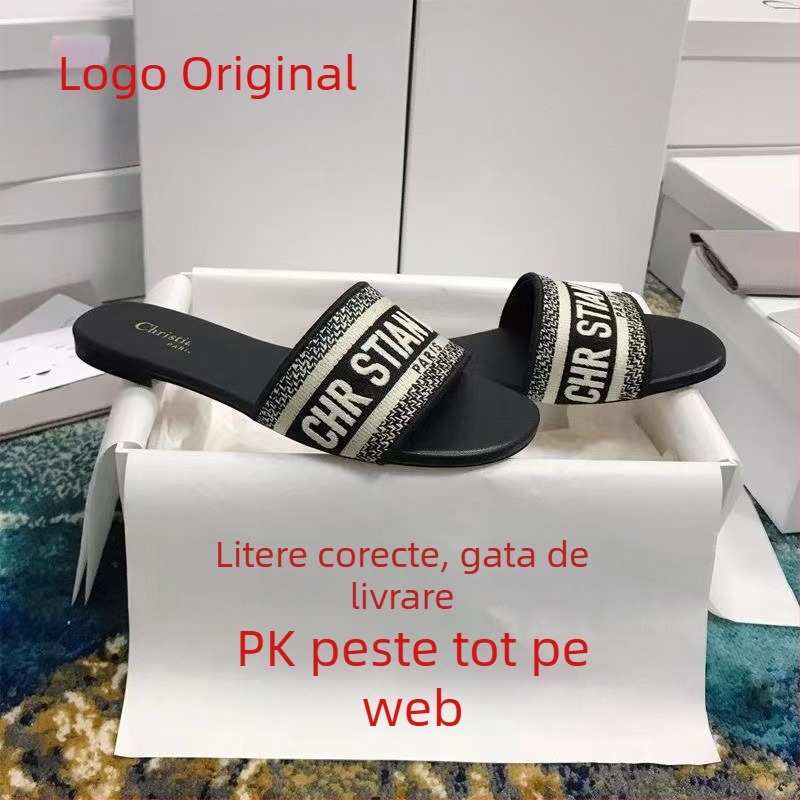 Sandale plate pentru femei, cu upper din piele de oaie, talpă din cauciuc și broderie cu litere, casual pentru vară la plajă