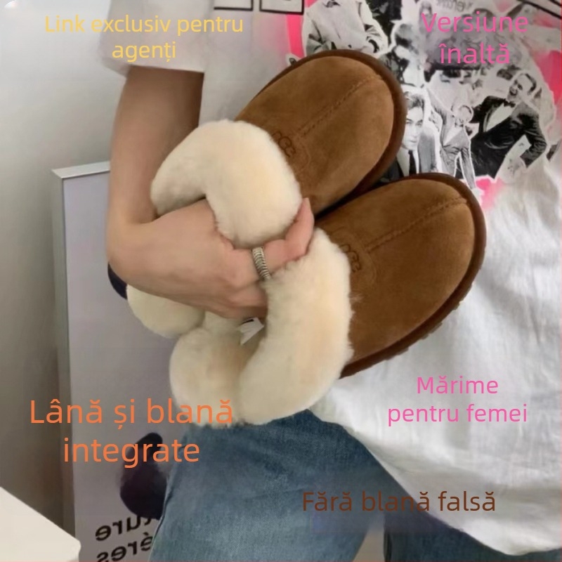 Papuci de damă cu talpă plată, partea superioară și căptușeala din lână de miel, talpă din spumă, calde și respirabile