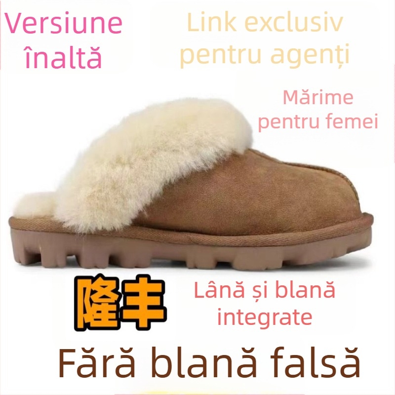 Papuci de damă cu talpă plată, partea superioară și căptușeala din lână de miel, talpă din spumă, calde și respirabile