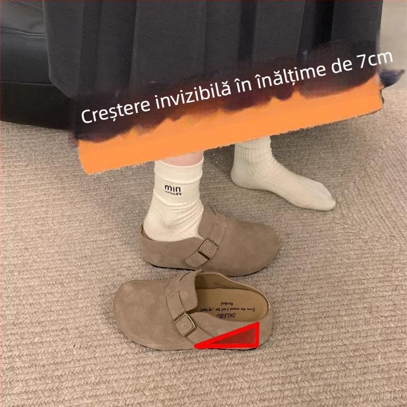 Pantofi damă în stil Birkenstock, cu talpă groasă pentru creșterea înălțimii până la 7 cm, partea superioară din piele microfibră, talpă din cauciuc, construcție vulcanizată, ușoare și antiderapante