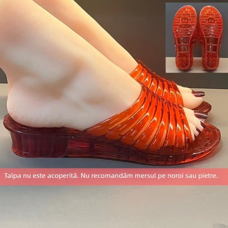 Sandale din cristal din PVC, cu înălțare a înălțimii, partea superioară transparentă, talpă PVC plată, grosime talpă 0–3 cm