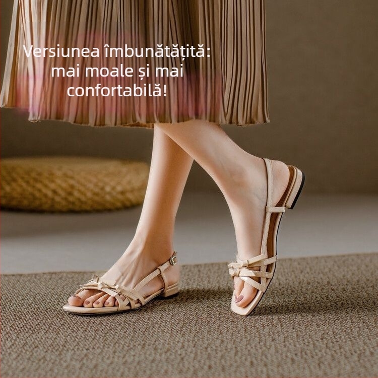 Sandale dama cu o singură curea și funda, vârf dreptunghiular, partea superioară PU, talpă din cauciuc, închidere cu cataramă, confortabile