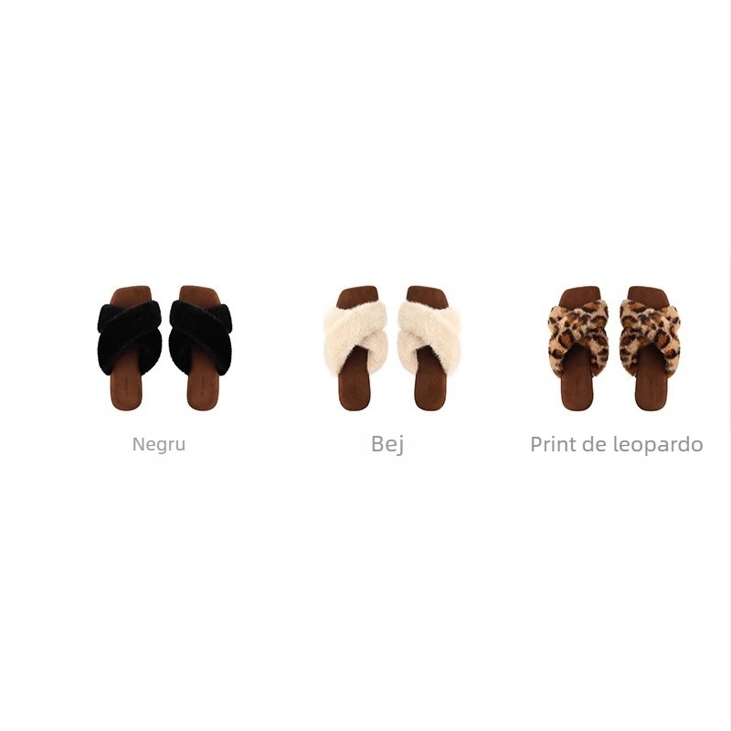 Pantofi dama fără toc, leopard print, vârf pătrat, curea încrucișată, partea superioară din fibră sintetică