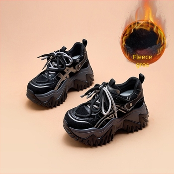 Pantofi sport femei cu înălțime de 8 cm, talpă groasă, stil coreean, încălțăminte sport caldă, partea superioară din lână de oaie, căptușeală din plasă, talpă din poliuretan