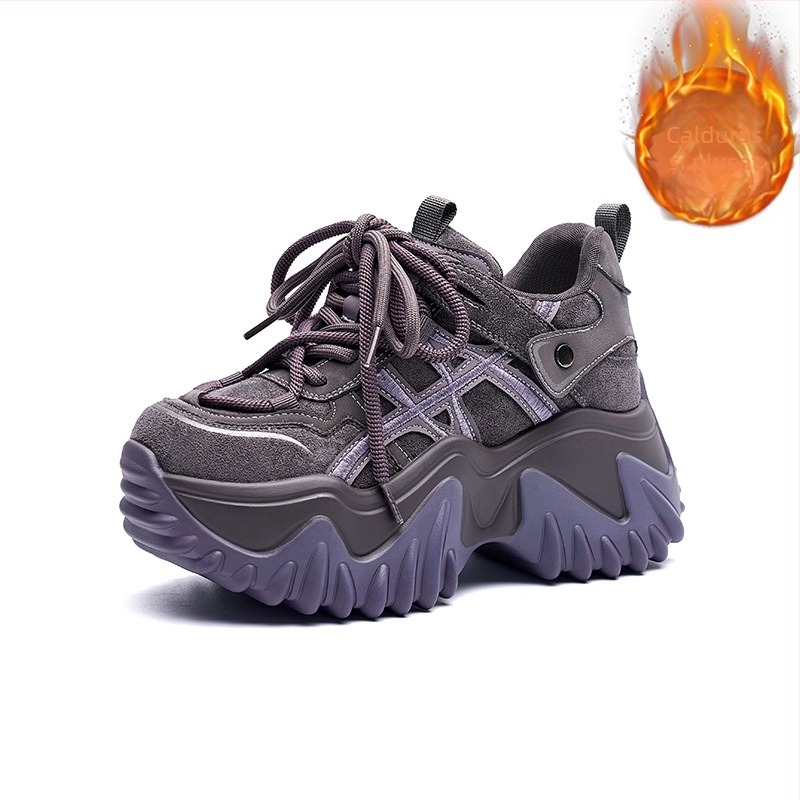 Pantofi sport femei cu înălțime de 8 cm, talpă groasă, stil coreean, încălțăminte sport caldă, partea superioară din lână de oaie, căptușeală din plasă, talpă din poliuretan