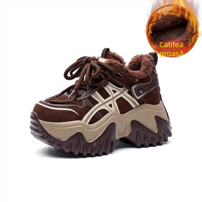 Pantofi sport femei cu înălțime de 8 cm, talpă groasă, stil coreean, încălțăminte sport caldă, partea superioară din lână de oaie, căptușeală din plasă, talpă din poliuretan