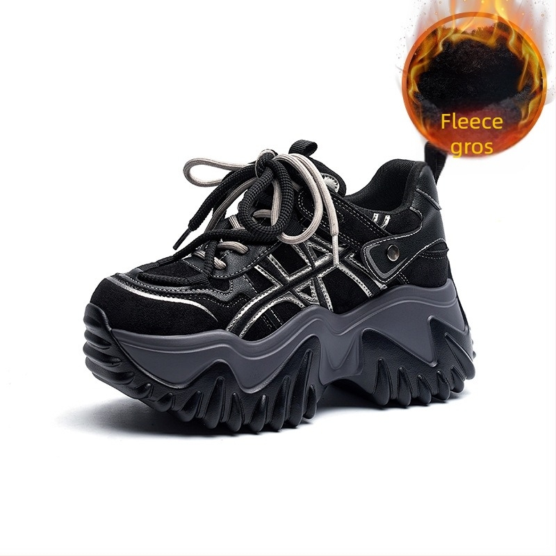 Pantofi sport femei cu înălțime de 8 cm, talpă groasă, stil coreean, încălțăminte sport caldă, partea superioară din lână de oaie, căptușeală din plasă, talpă din poliuretan