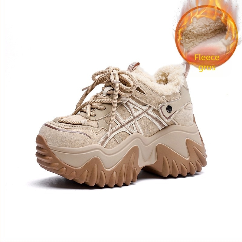 Pantofi sport femei cu înălțime de 8 cm, talpă groasă, stil coreean, încălțăminte sport caldă, partea superioară din lână de oaie, căptușeală din plasă, talpă din poliuretan