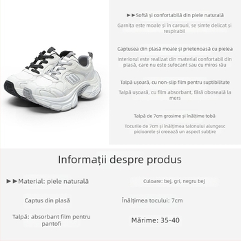 Pantofi de femei tip Dad Shoes cu toc gros de 6–8 cm, partea superioară din două straturi de piele de vițel, căptușeală din plasă, închidere cu șireturi în față și în spate