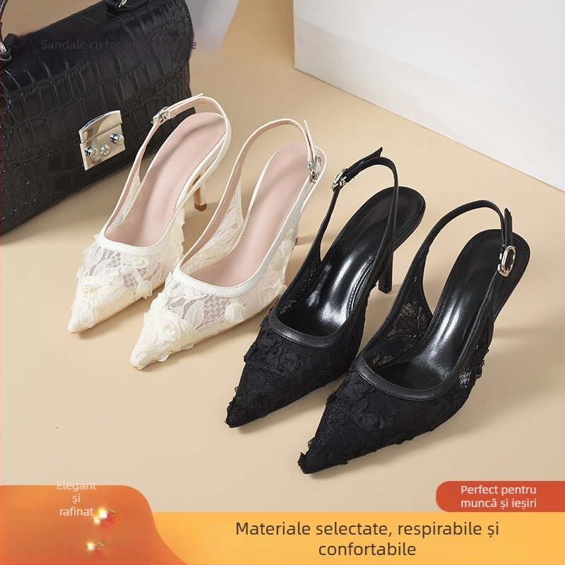 Sandale cu vârf ascuțit, broderie dantelată, curea cu un singur bretei, toc în formă de pană, 3–6 cm