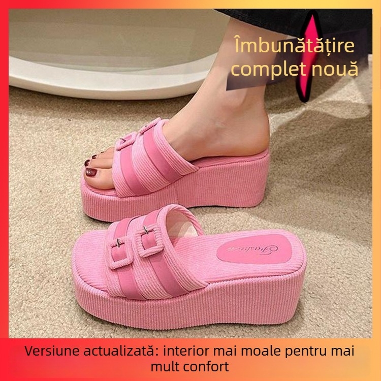 Sandale cu toc în formă de cui, cataramă pătrată, talpă groasă 3 cm, partea superioară PU și căptușeală PU, talpă din cauciuc