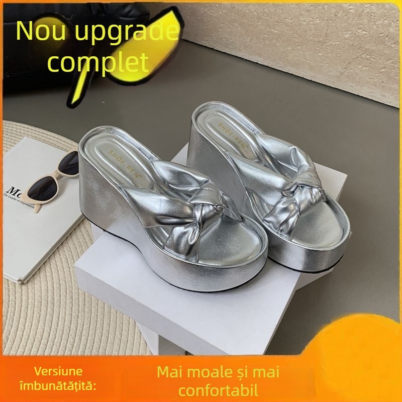 Sandale dama cu talpă groasă în toc wedge – vârf rotund, talpă din cauciuc, fără căptușeală, vară 2025