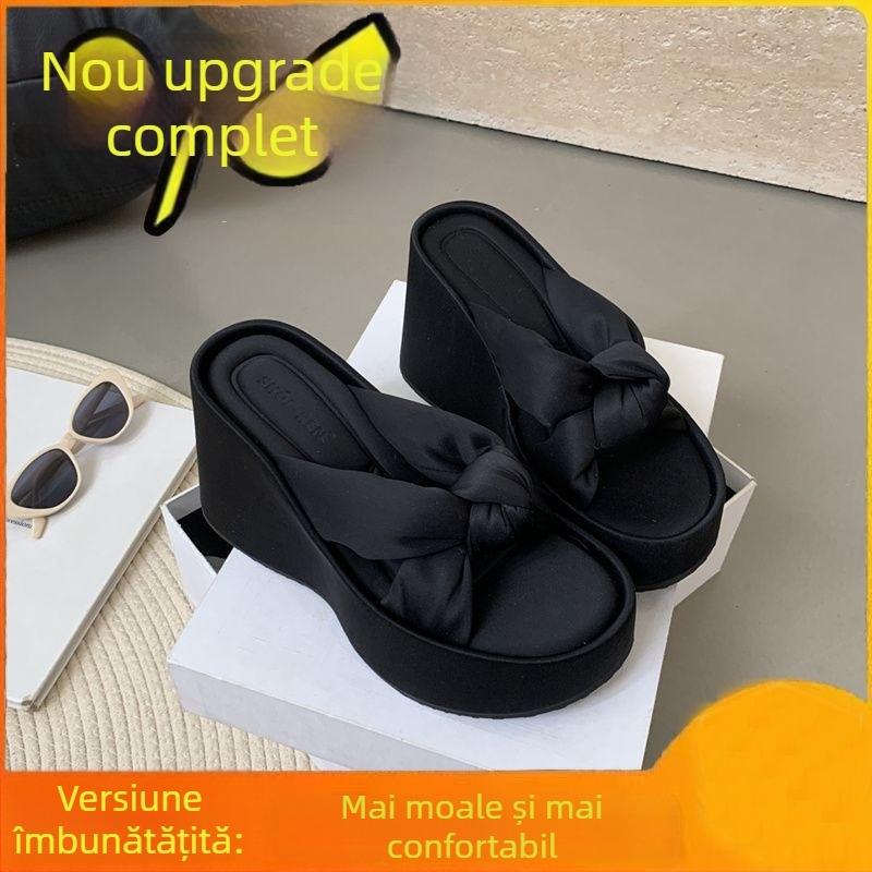 Sandale dama cu talpă groasă în toc wedge – vârf rotund, talpă din cauciuc, fără căptușeală, vară 2025