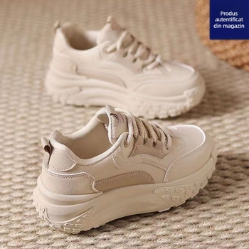 Pantofi sport casual pentru femei, talpă groasă 3–5 cm, suprafață PU+mesh, închidere cu șireturi în față, vârf rotund
