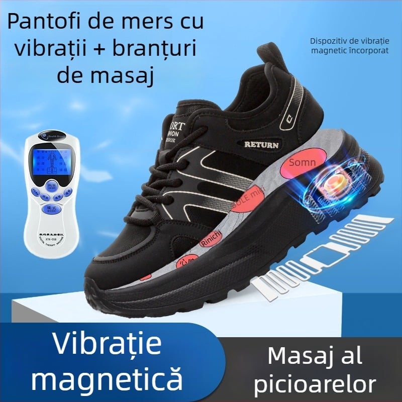 Pantofi de masaj pentru femei cu energie magnetică și vibrații — piele naturală, vârf rotund, șiret în față, toc mediu 3–5 cm, toamnă 2024