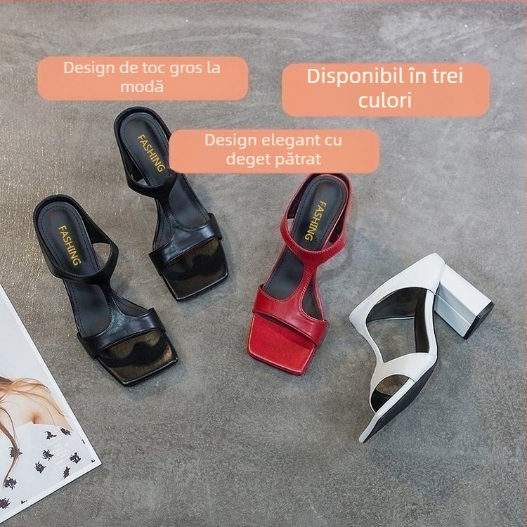 Sandale dama cu toc gros, vârf drept pătrat, PU superioară, PU căptușire, talpă din cauciuc