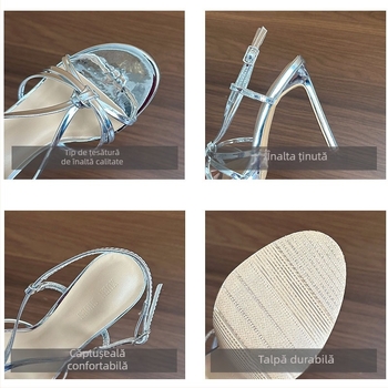 Sandale feminine cu o singură curea, deget deschis, curea la gleznă, partea superioară PU, toc subțire stiletto peste 8 cm