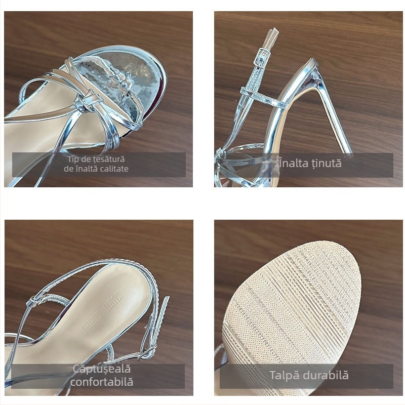 Sandale feminine cu o singură curea, deget deschis, curea la gleznă, partea superioară PU, toc subțire stiletto peste 8 cm