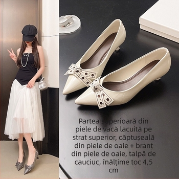 Pantofi Daphne pentru femei – vârf ascuțit, din piele de vițel lacuit, toc mediu 3-5 cm, căptușeală din piele de oaie, talpă din cauciuc