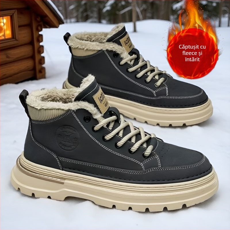Botine de iarnă unisex cu căptușeală pufoasă, PU partea superioară, talpă PVC, platformă de creștere a înălțimii
