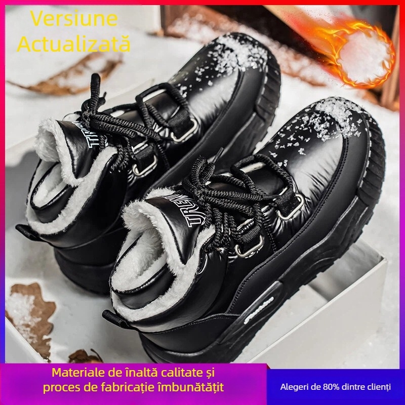 Cizme de zăpadă pentru bărbați, exterior din piele și țesătură impermeabilă, talpă din cauciuc antiaderent, căptușeală din fleece, toc mic 1–3 cm