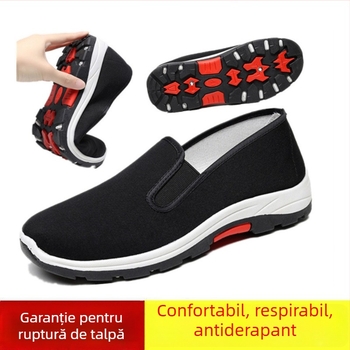 Pantofi bărbați pentru drumeții fără șireturi — partea superioară din pânză, talpă injectată, branț textil, toc mic 1–3 cm