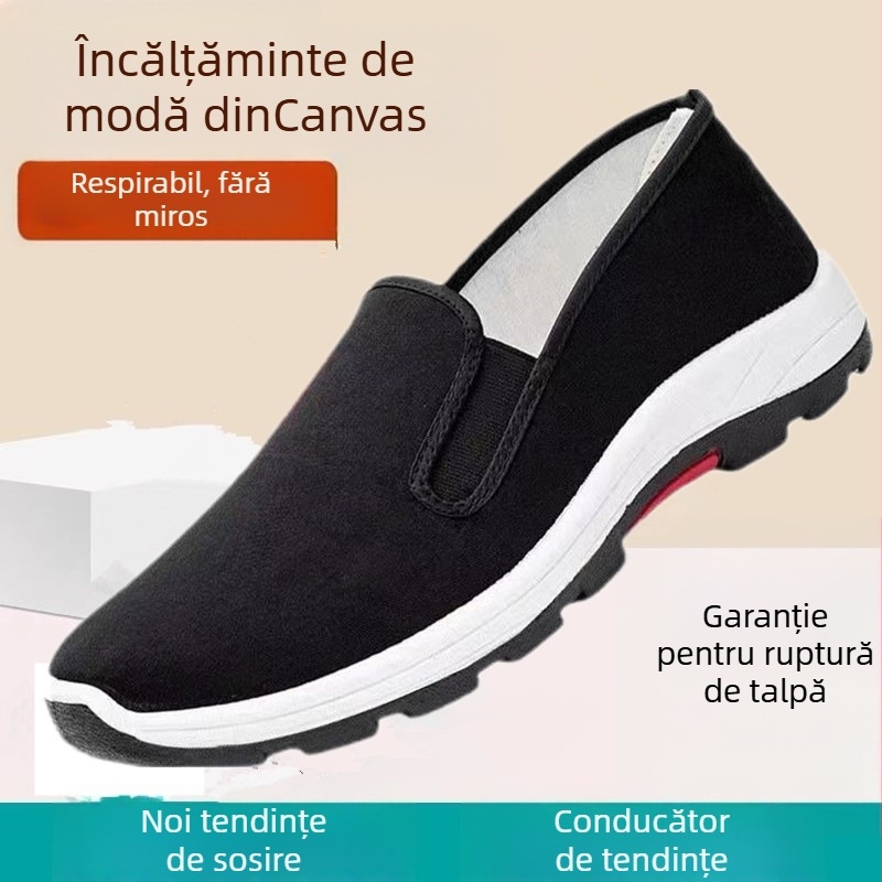 Pantofi bărbați pentru drumeții fără șireturi — partea superioară din pânză, talpă injectată, branț textil, toc mic 1–3 cm