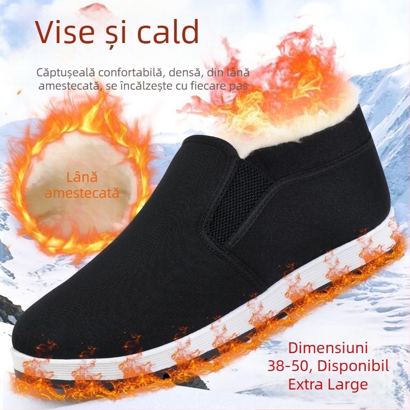 Pantofi de iarnă din pânză Old Beijing, slip-on, înalți, căptușiți cu lână și blană artificială, antiderapante, unisex