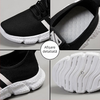 Pantofi sport unisex cu upper din plasă, talpă PVC, model dungat, guler jos, închidere cu șireturi