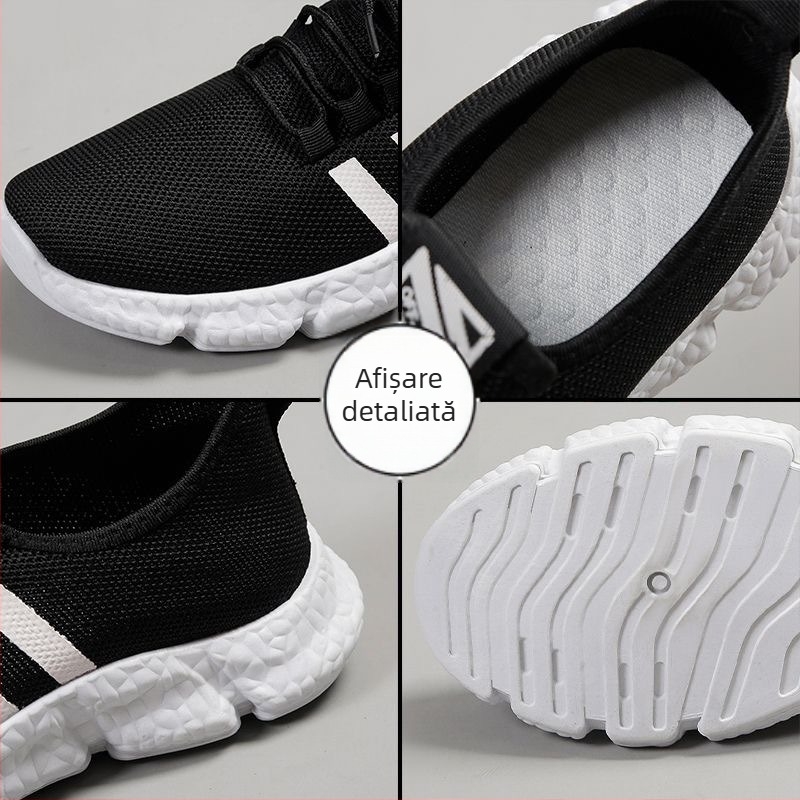 Pantofi sport unisex cu upper din plasă, talpă PVC, model dungat, guler jos, închidere cu șireturi