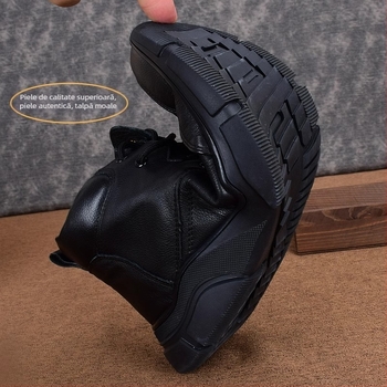 Pantofi casual din piele pentru bărbați, cu înălțime mare, partea superioară din piele naturală primă strat, talpă din cauciuc, branță interioară din piele de porc primă strat, toc mediu 3–5 cm, vârf rotund