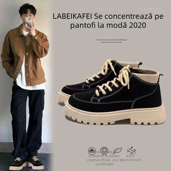 Ghete Martin pentru bărbați, bocanci înalți casual, PU parte superioară, talpă din plastic, înălțime călcâi 3–5 cm, vârf rotund, șireturi în față