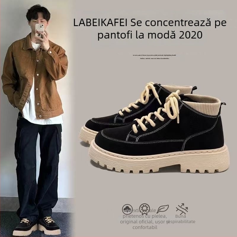 Ghete Martin pentru bărbați, bocanci înalți casual, PU parte superioară, talpă din plastic, înălțime călcâi 3–5 cm, vârf rotund, șireturi în față