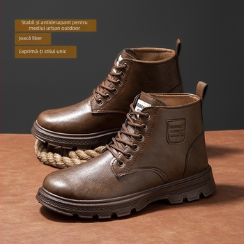 Ghete Martin pentru toamnă-iarnă, din PU, vârf rotund, impermeabile, talpă antiderapantă, șireturi în față