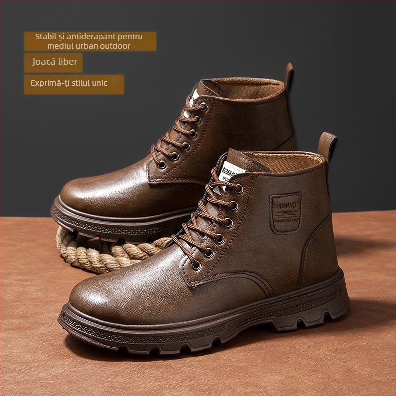 Ghete Martin pentru toamnă-iarnă, din PU, vârf rotund, impermeabile, talpă antiderapantă, șireturi în față