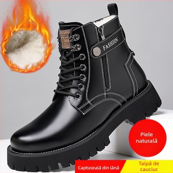 Cizme Martin pentru bărbați, partea superioară din piele split, branț din lână de oaie, talpă din cauciuc, toc mic (1–3 cm)