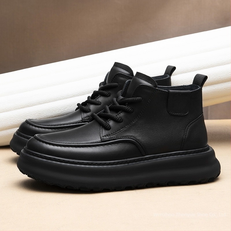 Ghete Martin pentru bărbați – bocanci înalți din piele naturală, talpă groasă din spumă de cauciuc, șireturi în față, 3–5 cm toc, respirante