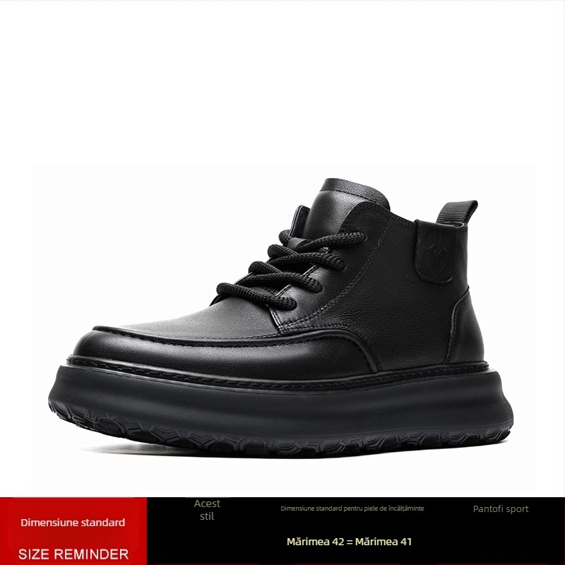 Ghete Martin pentru bărbați – bocanci înalți din piele naturală, talpă groasă din spumă de cauciuc, șireturi în față, 3–5 cm toc, respirante